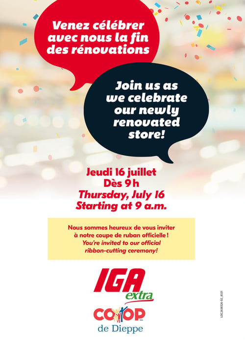Circulaire IGA Coop Nouveau Brunswick - Page 9. Cette page annonce la célébration de la fin des rénovations du magasin. L'événement aura lieu le jeudi 16 juillet à partir de 9 h. Le public est invité à la coupe de ruban officielle. Le logo IGA extra Coop de Dieppe est visible en bas de page, sur un fond clair parsemé de confettis.