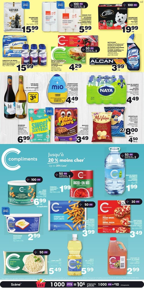 Circulaire Les Marchés Tradition - Page 6. La page présente une variété de produits avec des offres spéciales. En haut, la nourriture pour chats Lily-Jax de 1,6 kg est à 15,99 $. À côté, les essuie-tout ou papier hygiénique Compliments sont à 5,99 $ (100 points à l'achat de 2). La nourriture pour chiens Cesar, 12 x 100 g, est à 19,99 $ (100 points à l'achat de 2). Plus bas, les substituts de repas Glucerna ou Ensure, 6 x 237 ml, sont à 15,99 $. Les sacs de congélation ou sacs à sandwich Compliments sont à 4,29 $ (50 points à l'achat de 2). Le nettoyant Lysol, 1,2 L, ou le papier d'aluminium Alcan, 30 cm x 7,62 m, sont à 3,99 $. Le vin Bù rouge ou blanc, 750 ml, offre un rabais de 3 $. L'aromatisant d'eau liquide Mio, 48 ml ou 10 sachets, est à 4,49 $. L'eau de source naturelle Naya, 20 x 500 ml, est aussi à 4,49 $. Les bonbons Sweet Sixteen, 400 g, sont à 6,99 $. Les biscuits Pattes d'ours, 168 ou 240 g, sont à 3,49 $. Les croustilles Miss Vickie's ou Ruffles, 180 ou 200 g, sont à 2 pour 8,00 $ ou 4,50 $ l'unité. Une section Compliments annonce "Jusqu'à 20 % moins cher". On y trouve les noix de cajou Compliments grillées et salées, 200 g, à 6,99 $ (100 points). Les tomates Compliments en dés, 796 ml, sont à 1,99 $ (50 points à l'achat de 2). L'eau de source naturelle Compliments, 4 L, est à 1,99 $ (50 points à l'achat de 2). La margarine Compliments, 454 g, est à 2,99 $. Les pommes de terre frites Compliments coupe droite, 800 g, sont à 3,99 $ (50 points). Les mini pizza bagels Compliments, 198 g, sont à 3,49 $ (30 points). Le riz Compliments étuvé, brun à grain long, 2 kg, est à 5,49 $ (50 points). L'huile de canola Compliments, 3 L, est à 5,99 $. Enfin, le vinaigre de cidre de pomme Compliments, 1 L, est à 2,99 $.