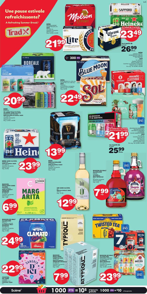 Circulaire Les Marchés Tradition - Page 8. La page est dédiée aux boissons alcoolisées et sans alcool pour une pause estivale rafraîchissante. On y trouve la bière Molson Export ou Miller Lite, 12 canettes de 355 ml, à 21,99 $ (+tx). La bière Boréale, série artisan, caisse mixte escapade ou Hors Sentiers sans alcool, 12 canettes de 355 ml, est à 20,99 $ (+tx). La bière Corona Extra, Heineken ou Sapporo, 12 canettes de 355 ml, est à partir de 23,49 $ (+tx) à l'achat de 2 ou plus, ou 26,99 $ (+tx) chacune. La bière Blue Moon (12 x 355 ml) ou Sol (12 x 330 ml) est à 22,49 $ (+tx). Les produits d'ici Brasseur de Montréal édition estivale, Archibald Ensemble Classique ou Unibroue NEIPA, 12 canettes de 355 ml, sont à 21,99 $ (+tx) à l'achat de 2 ou plus, ou à partir de 25,99 $ (+tx) chacune. La bière non alcoolisée Guinness, 4 canettes de 440 ml, est à 13,99 $ (+tx). La bière sans alcool Heineken, 12 canettes de 330 ml, est à 23,99 $ (+tx). La boisson pétillante sans alcool Compliments Margarita, 4 x 330 ml, est à 6,99 $ (+tx). Le vin sans alcool Hu Sauvignon Blanc, 750 ml, est à 12,99 $ (+tx). La boisson de malt alcoolisée Pepito Sangria, 1 litre, est à 7,99 $ (+tx). La boisson de malt alcoolisée Mott's Clamato Caesar, 12 canettes de 341 ml, est à 24,99 $ (+tx). La boisson pétillante sans alcool Atypique, incluant les saveurs Gin & Tonic et Piña Colada, 4 canettes de 355 ml, est à 7,99 $ (+tx). Le cocktail de cidre Lacroix Sangria d'ici, 4 litres, est à 22,99 $ (+tx). Enfin, les boissons de malt alcoolisées Barcardi, Poppers ou Twisted Tea, 12 canettes de 355 ml, sont à 23,99 $ (+tx).
