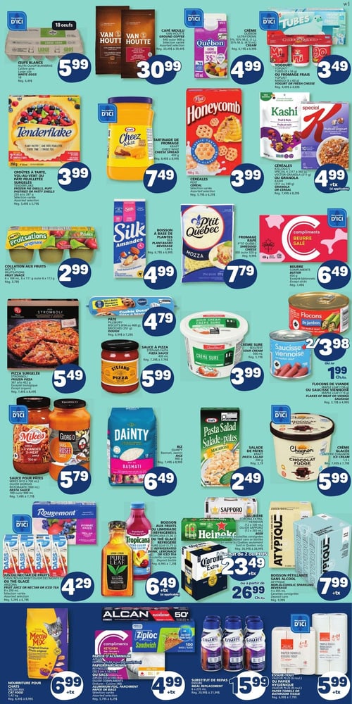 Circulaire Marché Bonichoix - Page 5. La page présente une variété de produits d'épicerie. En haut à gauche, des œufs blancs Nutri-Œuf ou Burnbrae, calibre gros, 18 œufs, sont offerts à 5,99 $. À côté, le café moulu Van Houtte, 640 ou 908 g, sélection variée, est à 30,99 $. La crème Québon 35 % M.G., 473 ml, est à 4,99 $. Le yogourt Yoplait Tubes (8 x 56 g) ou Minigo (6 x 60 g) est à 3,49 $. Plus bas, les croûtes à tarte, vol-au-vent ou pâte feuilletée surgelées Tenderflake, 350 g ou 397 g, sélection variée, sont à 3,99 $. La tartinade de fromage Kraft Cheez Whiz, 450 g, est à 7,49 $. Les céréales Post Honeycomb, 400 g, sont à 3,99 $. Les céréales Kellogg's Special K (317 à 360 g), Vector-Granola (311 g) ou Kashi (310 ou 340 g), sélection variée, sont à 4,99 $. La collation aux fruits Motts Fruitsations, 6 x 104 ml ou 6 x 113 g, est à 2,99 $. La boisson à base de plantes Silk Amandes, 1,89 L, est à 4,99 $. Le fromage râpé P'tit Québec Mozza, 300 ou 320 g, est à 7,79 $. Le beurre Compliments salé, 454 g, excepté bâtonnets, est à 6,49 $. La pizza surgelée Stromboli, 300 à 422 g, excepté biologique, est à 5,49 $. La pâte Pillsbury (454 ou 468 g) ou biscuits (351 g) est à 4,79 $. La sauce à pizza Stefano, 430 ml, est à 5,99 $. La crème sûre Sealtest, 500 ml, est à 3,99 $. Les flocons de viande Maple Leaf (150 g) ou saucisse viennoise (113 g) sont à 2 pour 3,98 $ ou 1,99 $ chacun. La sauce pour pâtes Mikes 3 viandes (410 à 700 ml) ou Giorgio rosée (500 ou 700 ml), sélection variée, est à 5,79 $. Le riz Dainty Basmati, 900 g, est à 6,49 $. La salade de pâtes Kraft, 200 g, est à 2,49 $. La crème glacée Chagnon chocolat fudge, 1,5 L, est à 5,99 $. Le jus ou nectar de fruits Oasis (200 ml), sélection variée, est à 6 pour 4,29 $. La boisson aux fruits ou limonade réfrigérées Tropicana (1,54 L) ou thé glacé Pure Leaf (1,75 L), bouteille consignée, est à 6,49 $. La bière Corona Extra, Heineken (12 x 330 ml) ou Sapporo (12 x 355 ml), canettes ou bouteilles consignées, est à l'achat de 2 ou plus pour 23,49 $ chacun, ou à partir de 26,99 $ chacun. La boisson pétillante sans alcool Atypique, 4 x 355 ml, canettes consignées, est à 7,99 $. La nourriture pour chats Meow Mix, 1,44 kg, est à 6,99 $. Le papier d'aluminium Alcan (30 cm x 15,24 m), ou Ziploc (30,5 cm x 10,7 m), ou sacs (100 ou 48), ou papier parchemin Compliments (48), sélection variée, est à 4,99 $. Le substitut de repas Ensure, 6 x 235 ml, est à 15,99 $. Le papier essuie-tout Viva (6 rouleaux) ou papier hygiénique (24 rouleaux) est à 5,99 $.
