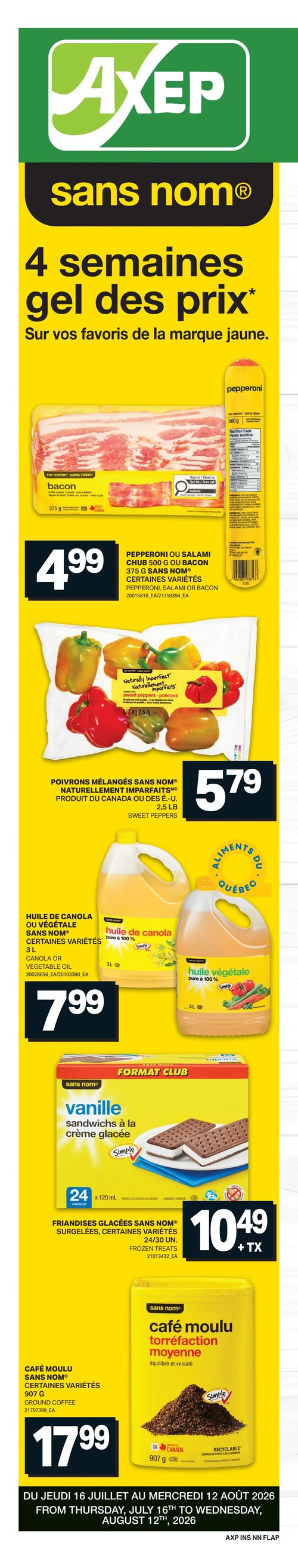 Circulaire Axep - Page 2. La page est intitulée "Cuisine au feu de camp". On y trouve des produits solaires Coppertone, certaines variétés et tailles, à 11,99 $. Ensuite, la boisson désaltérante Gatorade en paquets de 6 x 591 ml ou 8 x 355 ml, ou le café instantané Maxwell House de 150 g, certaines variétés, sont offerts à 7,29 $. La sauce BBQ Kraft, certaines variétés de 455 ml, est à 3,49 $. Les brioches burger ou pains à hot-dog La Fournée Dorée, de 200 à 480 g, sont à 4,99 $. Enfin, les saucisses fumées Lafleur, certaines variétés de 450 g, sont à 3,99 $.