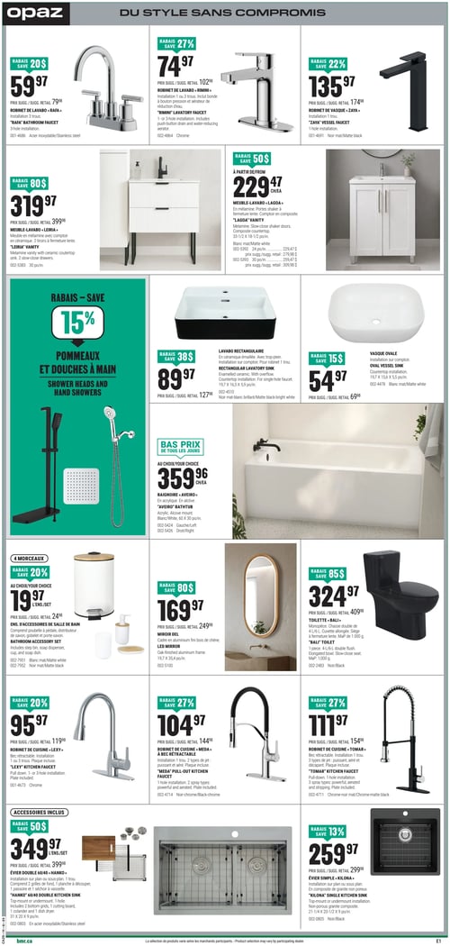 Circulaire BMR - Page 5. La page présente des articles de salle de bain et de cuisine. En haut, trois robinets de lavabo : le modèle « Rafa » en acier inoxydable à 59,97 $ (rabais de 20 $), le modèle « Rimini » chromé à 74,97 $ (rabais de 27 %) et le robinet de vasque « Zaya » noir mat à 135,97 $ (rabais de 22 %). En dessous, deux meubles-lavabos : le « Leiria » en mélamine avec comptoir en céramique et deux tiroirs à 319,97 $ (rabais de 80 $), et le « Lagoa » en mélamine avec portes shaker et comptoir en composite, à partir de 229,47 $ (rabais de 50 $). Un encart vert annonce un rabais de 15 % sur les pommeaux et douches à main. À droite, un lavabo rectangulaire en céramique émaillée noir mat-blanc brillant à 89,97 $ (rabais de 38 $) et une vasque ovale blanche mate à 54,97 $ (rabais de 15 $). Une baignoire « Aveiro » en acrylique est offerte à 359,96 $. Plus bas, un ensemble de 4 accessoires de salle de bain (poubelle à pédale, distributeur de savon, gobelet et porte-savon) est disponible en blanc mat ou noir mat à 19,97 $ l'ensemble (rabais de 20 %). Un miroir Del avec cadre en aluminium fini bois de chêne est à 169,97 $ (rabais de 80 $). Une toilette « Bali » monopièce noire est à 324,97 $ (rabais de 85 $). Enfin, pour la cuisine, trois robinets : le « Lexy » chromé à bec rétractable à 95,97 $ (rabais de 20 %), le « Meda » noir-chrome à bec rétractable avec deux types de jet à 104,97 $ (rabais de 27 %), et le « Tomar » chrome-noir mat à bec rétractable avec trois types de jet à 111,97 $ (rabais de 27 %). Deux éviers sont également présentés : l'évier double 60/40 « Hanko » en acier inoxydable avec accessoires inclus (grilles, planche à découper, passoire et séchoir à vaisselle) à 349,97 $ l'ensemble (rabais de 50 $), et l'évier simple « Kilona » en composite de granite noir à 259,97 $ (rabais de 13 %).