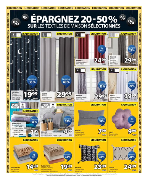 Circulaire Jysk - Page 16. La page annonce une liquidation avec des économies de 20 à 50 % sur les textiles de maison sélectionnés. Le bandeau latéral et supérieur répète le mot "LIQUIDATION".

La section supérieure présente des rideaux :
- Le rideau assombrissant Latiano, 140x160 cm, est à 19,99 $ (ancien 29,99 $), une économie de 33 %. Le format 140x213 cm est à 23,99 $ (ancien 34,99 $).
- Le rideau assombrissant Herta, 140x213 cm, est à 29,99 $ (ancien 49,99 $), une économie de 40 %.
- Le rideau opaque Beverly, 140x213 cm, est à 24,99 $ (moitié prix, ancien 49,99 $).
- Le rideau filtrant la lumière Finesse, 137x213 cm, est à 29,99 $ (ancien 39,99 $), une économie de 25 %.
- Le rideau opaque Renata, 140x245 cm, est à 29,99 $ (ancien 39,99 $), une économie de 25 %.
- Le rideau opaque Assisi, 140x245 cm, est à 39,99 $ (ancien 49,99 $), une économie de 20 %.

La section centrale, sur fond jaune, propose des serviettes et des coussins :
- La gamme Beaver Lux 100 % coton : la serviette à mains est à 3,99 $ (ancien 6,99 $), une économie de 63 % ; la serviette de bain est à 11,99 $ (ancien 14,99 $) ; le drap de bain est à 14,99 $ (ancien 19,99 $). Une débarbouillette est à 1,49 $ (ancien 3,99 $).
- La gamme Orillia : la serviette à mains est à 4,99 $ (ancien 6,99 $), une économie de 28 % ; la serviette de bain est à 12,99 $ (ancien 16,99 $).
- Le coussin déco Beverly en velours côtelé, 50x30 cm, est à 7,99 $ (ancien 16,99 $), une économie de 53 %.
- Le coussin déco Daisy, 40x40 cm, est à 9,99 $ (moitié prix, ancien 19,99 $).

La section inférieure, également sur fond jaune, présente des jetés et des coussins :
- Le jeté polaire Bonderose, 130x170 cm, est à 14,99 $ (moitié prix, ancien 29,99 $).
- Le jeté Tusenfryd en faux mohair 100 % polyester, 130x180 cm, est à 19,99 $ (ancien 29,99 $), une économie de 33 %.
- Le coussin déco Bronte, 60x60 cm, est à 23,99 $ (ancien 34,99 $), une économie de 31 %.
- Le coussin déco Sanita, 60x40 cm, est à 24,99 $ (ancien 34,99 $), une économie de 28 %.
