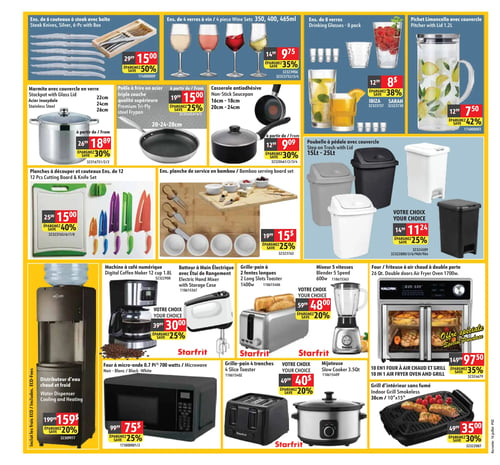 Circulaire Korvette - Page 2. La page présente des articles de cuisine et des petits électroménagers. En haut, un ensemble de 6 couteaux à steak avec boîte est à 15,00 $. À côté, un ensemble de 4 verres à vin de 350 à 465 ml est à 9,75 $. Un ensemble de 8 verres, modèles Ibiza ou Sarah, est offert à 8,00 $. Un pichet Limoncello avec couvercle de 1,2 litre est à 7,50 $. Au centre, une marmite avec couvercle en verre, en acier inoxydable, est disponible en 22, 24 ou 26 cm à partir de 18,89 $. Une poêle à frire en acier triple couche de qualité supérieure, de 20 à 28 cm, est à partir de 15,00 $. Une casserole antiadhésive de 16 à 24 cm est à partir de 9,09 $. Un ensemble de 12 planches à découper et couteaux est à 15,00 $. Un ensemble de planches de service en bambou est à 15,00 $. Des poubelles à pédale avec couvercle de 15 à 25 litres sont à 11,24 $. En bas, un distributeur d'eau chaude et froide est à 159,00 $. Une machine à café numérique 12 tasses de 1,8 litre est à 30,00 $. Un batteur à main électrique avec étui de rangement est à 48,00 $. Un grille-pain Starfrit à 2 fentes longues de 1400 watts est à 48,00 $. Un mixeur 5 vitesses de 600 watts est à 48,00 $. Un four/friteuse à air chaud Kalorik 10 en 1 à double porte de 26 pintes et 1700 watts est à 97,50 $. Un four à micro-ondes Starfrit de 0,7 pied cube et 700 watts, disponible en noir ou blanc, est à 75,00 $. Un grille-pain Starfrit à 4 tranches est à 40,00 $. Une mijoteuse Starfrit de 3,5 pintes est à 40,00 $. Enfin, un grill d'intérieur sans fumée de 38 cm est à 35,00 $.
