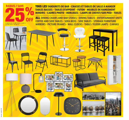Circulaire Korvette - Page 3. La page annonce un rabais de 25 % sur une vaste sélection d'articles pour la maison. Sont inclus les tabourets de bar, chaises et tables de salle à manger, tables basses, tables d'appoint, futons, meubles de rangement, miroirs, cadres photo, horloges, lampes de chevet et sur pied, ainsi que les toiles. Visuellement, la page présente un ensemble diversifié de ces produits sur un fond jaune vif. On y voit un ensemble de salle à manger moderne avec une table rectangulaire et deux chaises grises, une table de salle à manger noire, et deux tabourets de bar, l'un noir et l'autre blanc. Plus bas, trois chaises noires de styles différents sont affichées : une en métal, une en plastique perforé et une pliante. Des tables basses gigognes à plateau de verre et des tables d'appoint rondes en bois sont également présentées. Un futon gris foncé et un meuble de rangement blanc à deux portes avec étagères ouvertes sont visibles. La partie inférieure de la page met en vedette des lampadaires, des lampes de table, des miroirs ronds et ovales, un grand cadre photo multiple, une horloge murale carrée noire, et trois toiles décoratives, dont deux paysages urbains et un paysage d'arbres au bord de l'eau.
