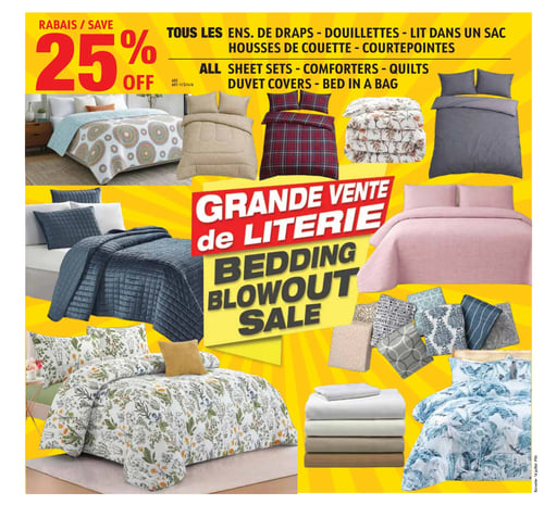 Korvette - Page 4. La page annonce une grande vente de literie avec un rabais de 25 % sur tous les ensembles de draps, douillettes, lits dans un sac, housses de couette et courtepointes. Plusieurs exemples de literie sont présentés sur un fond jaune vif. On y voit une courtepointe à motifs circulaires, une douillette beige unie, une douillette à carreaux rouges et noirs, une douillette à motifs floraux et un ensemble de housse de couette gris uni. Plus bas, un ensemble de courtepointe matelassée bleu marine et un ensemble de courtepointe matelassée rose pâle. En bas de page, un ensemble de douillette à motifs de feuillage et fleurs blanches, une pile de draps unis de différentes couleurs (blanc, crème, beige, marron), un assortiment de coussins décoratifs à motifs variés et un ensemble de douillette à motifs de feuilles tropicales bleues et blanches.