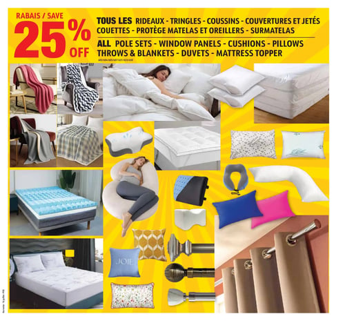 Korvette - Page 5. La page annonce 25 % de rabais sur tous les rideaux, tringles, coussins, couvertures, jetés, couettes, protège-matelas, oreillers et surmatelas. La page présente une variété de produits pour la maison. En haut à gauche, plusieurs jetés et couvertures sont montrés, incluant un plaid à motifs chevrons noir et blanc, un jeté rouge uni et un jeté gris et beige. Au centre, une femme dort confortablement dans un lit avec une couette et des oreillers blancs. À droite, un protège-matelas blanc est visible. Plus bas, on voit un surmatelas en mousse mémoire bleu sur un lit, un oreiller ergonomique pour le cou, et un grand oreiller de corps blanc. D'autres oreillers sont présentés, comme un oreiller de voyage gris, des oreillers de soutien lombaire et pour les genoux, ainsi que des oreillers décoratifs de différentes couleurs (bleu, rose) et motifs (feuilles, "Bamboo Charcoal", floral, géométrique jaune, et un coussin bleu avec le mot "Joie"). En bas à gauche, un lit est équipé d'un protège-matelas blanc. Enfin, en bas à droite, plusieurs modèles de tringles à rideaux et des rideaux beiges à œillets sont illustrés.