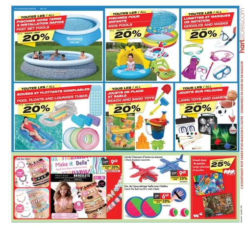 Korvette - Page 6. La page présente des rabais sur des articles estivaux. Toutes les piscines hors terre à installation rapide Bestway sont à 20 % de rabais. Toutes les piscines pour enfants sont aussi à 20 % de rabais, incluant des modèles gonflables et des pataugeoires. Toutes les lunettes et masques de natation, ainsi que les palmes et tubas, bénéficient d'un rabais de 20 %. Toutes les bouées et flottants gonflables sont à 20 % de rabais. Tous les jouets de plage et sable, incluant des seaux, pelles et tables de sable, sont à 20 % de rabais. Tous les jouets sur pelouse, comme les jeux de pétanque, de croquet et les ballons, sont également à 20 % de rabais. Dans la section artisanat, un kit de bracelets Make it Belle est illustré. Un lot de 2 lanceurs d'avion en mousse est offert à 9,60 $, un rabais de 20 % sur 11,99 $. Un ensemble de 2 jeux attrape-balle avec 2 balles est à 6,40 $, un rabais de 20 % sur 7,99 $. Enfin, un grand choix de casse-têtes est disponible avec 25 % de rabais.