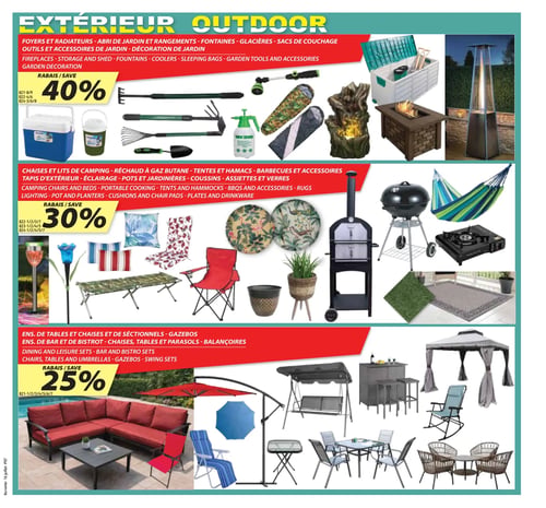 Circulaire Korvette - Page 7. La page est dédiée aux articles d'extérieur et de jardin. La première section offre 40 % de rabais sur les foyers et radiateurs, abris de jardin et rangements, fontaines, glacières, sacs de couchage, outils et accessoires de jardin, et décoration de jardin. On y voit une glacière bleue, un seau vert, divers outils de jardinage (râteau, houe, pelle, pulvérisateur), deux sacs de couchage, une fontaine décorative en forme de souche, un coffre de rangement blanc, un foyer extérieur et un chauffe-terrasse. La deuxième section propose 30 % de rabais sur les chaises et lits de camping, réchauds à gaz butane, tentes et hamacs, barbecues et accessoires, tapis d'extérieur, éclairage, pots et jardinières, coussins, assiettes et verres. Cette section présente deux lampes solaires décoratives, un lit de camp, une chaise pliante rouge, trois coussins d'extérieur à motifs, deux assiettes décoratives, deux pots de fleurs, un four à pizza extérieur, un barbecue au charbon, un hamac rayé bleu et vert, un réchaud à gaz portable, un tapis de gazon artificiel et un tapis d'extérieur. La troisième section bénéficie de 25 % de rabais sur les ensembles de tables et chaises et sectionnels, gazebos, ensembles de bar et de bistro, chaises, tables, parasols et balançoires. On y distingue un sectionnel de patio rouge, des chaises pliantes, des parasols (rouge et bleu), une balançoire de jardin, un ensemble de bar avec tabourets, des ensembles de table et chaises de patio de différents styles, un gazebo et une chaise berçante.
