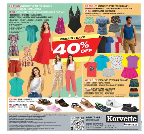 Circulaire Korvette - Page 8. La page annonce un rabais de 40 % sur tous les vêtements d'été pour femmes, hommes et enfants. Pour les femmes, on voit des débardeurs, pantacourts, robes estivales, jupes, shorts et maillots de bain, incluant une robe longue rouge, un maillot de bain une pièce à pois et un chemisier turquoise. Pour les hommes, des débardeurs, t-shirts, shorts et maillots de bain sont présentés, comme un t-shirt bleu avec un motif de moto et un débardeur bleu uni. La section enfants propose des t-shirts, shorts, jupes, robes, ensembles bébé, débardeurs et maillots de bain, avec des exemples comme un t-shirt rouge avec un camion et une jupe rose. Enfin, tous les souliers d'été pour femmes, hommes et enfants sont également en rabais, avec des illustrations de sandales compensées noires, de sandales plates roses et de chaussures aquatiques bleues et vertes. Les produits sont disponibles jusqu'à épuisement des stocks. Le magasin est ouvert 7 jours sur 7 et compte 61 succursales.