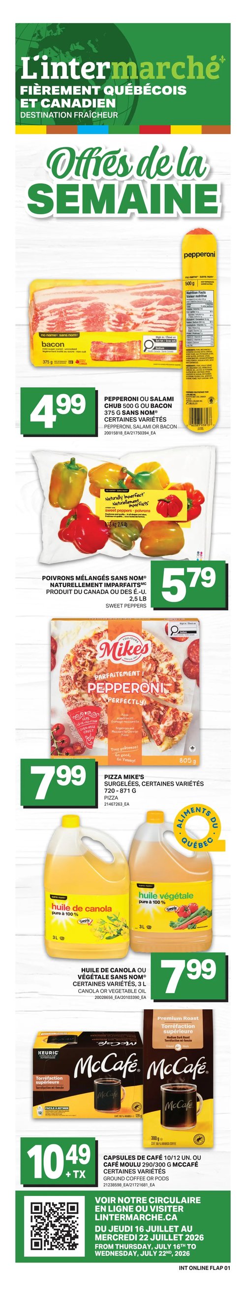 Circulaire L’intermarché - Page 2. Le thème de la page est "Cuisine au feu de camp". On y trouve les produits solaires Coppertone, certaines variétés et tailles, à 11,99 $ + taxes. Ensuite, la boisson désaltérante Gatorade en paquets de 6 x 591 ml ou 8 x 355 ml, ou le café instantané Maxwell House 150 g, certaines variétés (consigne), sont offerts à 6,99 $ + taxes. La sauce BBQ Kraft, certaines variétés, 455 ml, est à 3,49 $. Les brioches burger ou pains à hot-dog La Fournée Dorée, de 200 à 480 g, sont à 4,99 $. Enfin, les saucisses fumées Lafleur, certaines variétés, 450 g, sont à 3,99 $. Une image de saucisses grillant sur un feu de camp est visible en bas de page.