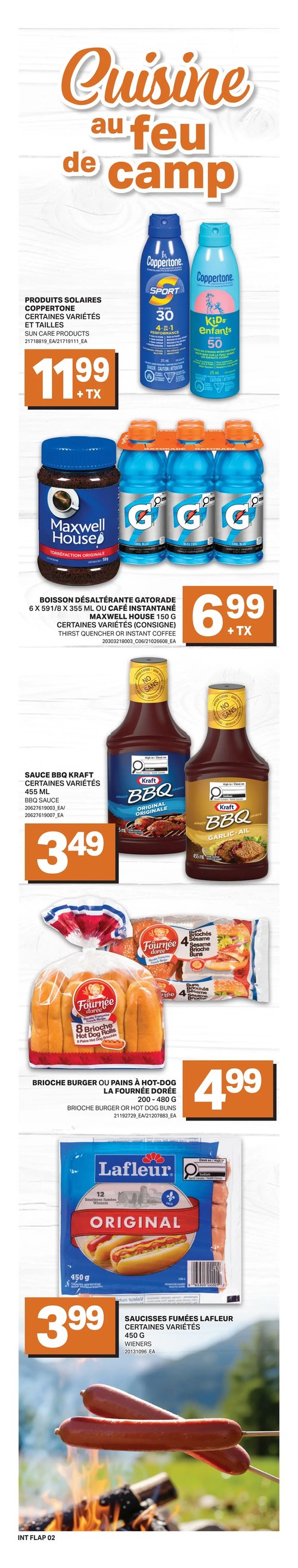 Circulaire L’intermarché - Page 3. La page met en vedette des produits frais et d'épicerie. On y trouve des pilons de poulet frais, emballage familial, à 2,79 $ la livre et du bifteck français ou rôti de bœuf à 7,49 $ la livre. Côté fruits et légumes, la laitue iceberg, produit du Québec, est à 0,99 $ chacune, et le melon d'eau sans pépins, produit des É.-U., est à 6,99 $. Pour la charcuterie et les fromages, le Mastro Capocollo, certaines variétés, est à 1,19 $ par 100 grammes, le fromage Parmesan Reggiano Tre Stelle à 3,79 $ par 100 grammes, et le fromage en bloc de 400 grammes ou râpé Sans Nom de 320 grammes, certaines variétés, à 4,99 $. Dans la section épicerie, les pâtes Aurora, certaines variétés de 450 grammes, sont offertes à 3 pour 4 $ ou 1,33 $ chacune. Le coulis de tomates Mutti, certaines variétés de 680 ml, est à 3,49 $. Pour les desserts, les profiteroles ou mini-éclairs, certaines variétés de 490 à 730 grammes, sont à 11,49 $. On trouve aussi les pommes de terre Superfries ou spécialité McCain, surgelées, certaines variétés de 454 à 800 grammes, à 2,99 $. Les craquelins Christie, incluant Ritz et Triscuit, certaines variétés de 30 à 200 grammes, sont à 2 pour 5 $. Le sucre granulé Lantic de 2 kg est à 2,99 $. Enfin, les boissons gazeuses Coca-Cola, Pepsi ou Canada Dry, certaines variétés en format de 12 canettes de 355 ml (consigne), sont à 8,29 $. Ces offres sont valides du jeudi 16 juillet au mercredi 22 juillet 2026.