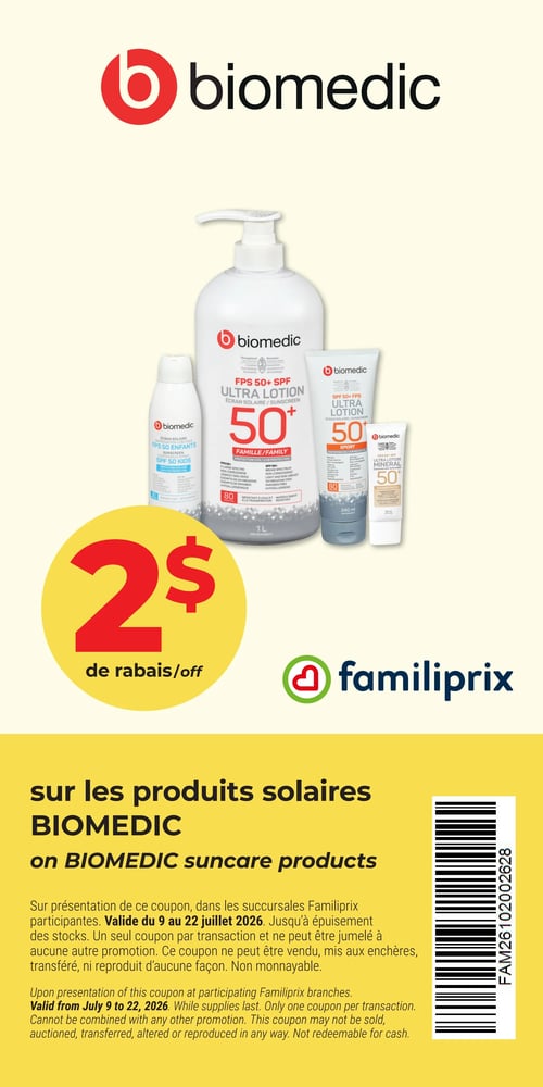 Circulaire Familiprix - Page 3. Cette page met en vedette une offre de 2 $ de rabais sur les produits solaires Biomédic. L'image présente une sélection de ces produits, notamment une grande bouteille de lotion ultra FPS 50+ de 1 litre pour la famille, un vaporisateur FPS 50 pour enfants, une lotion ultra sport FPS 50+ de 240 ml, et une lotion ultra minérale visage FPS 50+ de 50 ml. Un coupon est inclus, valide du 9 au 22 juillet 2026, avec un code-barres pour l'application du rabais.