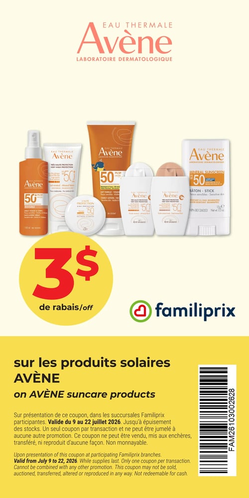 Circulaire Familiprix - Page 3. La page met en vedette une sélection de produits solaires de la marque Avène, incluant des écrans solaires en spray, en lotion, en fluide minéral, en fluide minéral teinté, en compact et en bâton, tous affichant un FPS 50. Un rabais de 3 $ est offert sur les produits solaires Avène. Le coupon est valide du 9 au 22 juillet 2026, jusqu'à épuisement des stocks. Un seul coupon par transaction, non jumelable à d'autres promotions, non monnayable et non transférable. Un code-barres est visible sur le côté droit de la page.