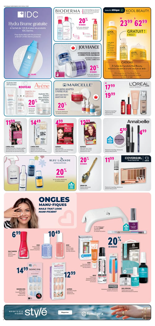 Circulaire Familiprix - Page 6. La page présente une variété de produits de beauté et de soins personnels. En haut à gauche, une offre IDC propose une Brume Hydra gratuite à l'achat de 125 $ et plus de produits IDC Dermo, la brume étant affichée à 29,99 $. À côté, Bioderma offre 20 % de rabais sur ses produits sélectionnés, incluant un démaquillant micellaire. Sur la droite, Kool Beauty propose des produits de 23,99 $ à 62,99 $, avec un sérum hydratant gratuit à l'achat de deux produits. En dessous, Jouviance offre 20 % de rabais sur ses soins d'hydratation avancée et correction globale. Avène présente ses nouveaux produits inspirés des injections pour une hydratation 24h, avec 20 % de rabais sur les soins sélectionnés. Marcelle offre également 20 % de rabais sur ses soins adaptés à la peau. Des produits de maquillage L'Oréal sont disponibles de 17,99 $ à 19,99 $. Plus bas, L'Oréal Paris propose la coloration capillaire semi-permanente Casting Crème Gloss sans ammoniaque à 11,99 $ et Colorista, un décolorant ou coloration semi-permanente, à 14,49 $. Garnier offre Color Sensation, une retouche couleur sans ammoniaque, à 4,99 $, et Nutrisse Ultra Color, une coloration permanente, à 12,99 $. Annabelle propose des produits de maquillage sélectionnés, incluant un fard à paupières à 5,99 $, un mascara et un crayon à yeux à 4,99 $. Bleu Lavande offre 20 % de rabais sur ses produits sélectionnés, comme l'eau de linge et les huiles essentielles. Urban Spa propose aussi 20 % de rabais sur ses produits sélectionnés. Covergirl présente des produits de maquillage sélectionnés à 11,99 $. La partie inférieure de la page est dédiée aux "Ongles Manu-fiques", avec une large sélection de produits : Sally Hansen Insta-Dri, vernis à ongles à 6,99 $; Essie, vernis à ongles sélectionnés à 10,49 $; Essie Expressie, vernis à ongles séchage rapide. Dashing Diva Magic Press, ensembles d'ongles sélectionnés, sont à 14,99 $. Impress, ensembles d'ongles sans colle, sont à 12,99 $. Looky offre 20 % de rabais sur ses produits pour les ongles, incluant une lampe UV/LED et un dissolvant. On trouve aussi des soins des ongles Essie, des dissolvants Onyx Professional, des accessoires d'ongles Essentiel Cosmétic et des produits Nail Création, comme des pointes et du gel. La page se termine avec la bannière "Brisa d'été signée styl/é" et "Exclusivement chez Familiprix".