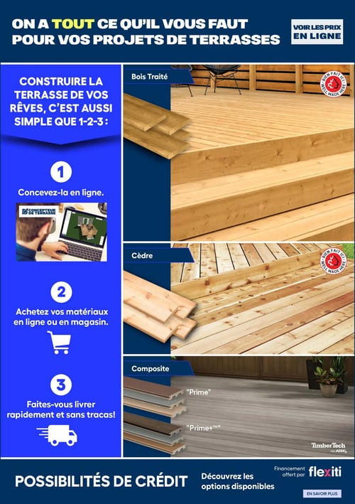 Circulaire Rona - Page 9. La page est dédiée aux projets de terrasses, avec un titre en haut : "On a tout ce qu'il vous faut pour vos projets de terrasses" et un bouton "Voir les prix en ligne".

La partie gauche présente un guide en 3 étapes pour "Construire la terrasse de vos rêves, c'est aussi simple que 1-2-3:".
1. "Concevez-la en ligne." illustré par une personne utilisant un "Concepteur de terrasse" sur un ordinateur portable.
2. "Achetez vos matériaux en ligne ou en magasin." avec une icône de panier d'achat.
3. "Faites-vous livrer rapidement et sans tracas!" avec une icône de camion de livraison.

La partie droite met en avant trois types de matériaux pour terrasses :
- "Bois Traité": Une image montre des planches de bois traité de couleur claire formant une terrasse et des marches. Un logo "Bien fait ici" est visible.
- "Cèdre": Une image présente des planches de cèdre aux tons chauds, certaines empilées, d'autres installées en terrasse. Un autre logo "Bien fait ici" est présent.
- "Composite": Une image d'une terrasse en composite gris. Des échantillons de planches composites de différentes couleurs sont affichés, étiquetés "Prime" et "Prime+™". La marque "TimberTech par AZEK" est mentionnée.

En bas de page, une section "Possibilités de crédit" indique "Découvrez les options disponibles" et mentionne "Financement offert par Flexiti" avec un bouton "En savoir plus".
