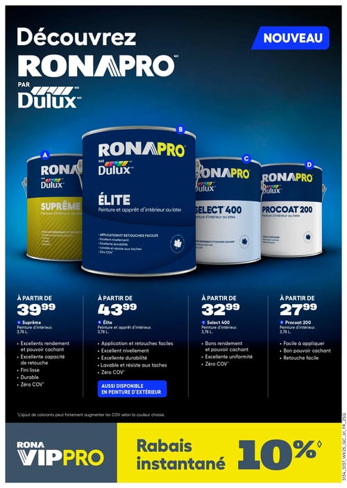 Rona - Page 11. La page est dédiée à la gamme de peintures RONAPRO par Dulux, avec un bandeau "NOUVEAU" en haut à droite. Quatre types de peinture d'intérieur sont présentés, chacun avec ses caractéristiques et un prix "À partir de" pour un format de 3,78 L.

1.  **RONAPRO Suprême** (A) : Peinture d'intérieur à partir de 39,99 $. Elle offre un excellent rendement et pouvoir cachant, une excellente capacité de retouche, un fini lisse, est durable et "Zéro COV".
2.  **RONAPRO Élite** (B) : Peinture et apprêt d'intérieur à partir de 43,99 $. Elle permet une application et des retouches faciles, un excellent nivellement, une excellente durabilité, est lavable et résiste aux taches, et est "Zéro COV". Ce produit est aussi disponible en peinture d'extérieur.
3.  **RONAPRO Select 400** (C) : Peinture d'intérieur à partir de 32,99 $. Elle offre un bon rendement et pouvoir cachant, une excellente uniformité et est "Zéro COV".
4.  **RONAPRO Procoat 200** (D) : Peinture d'intérieur à partir de 27,99 $. Elle est facile à appliquer, a un bon pouvoir cachant et permet une retouche facile.

Une note en bas de page précise que l'ajout de colorants peut fortement augmenter les COV selon la couleur choisie.
La section inférieure de la page met en avant une offre Rona VIPPRO avec un rabais instantané de 10 %.