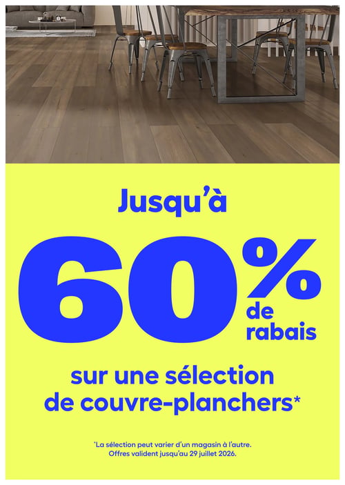 Rona - Page 13. La partie supérieure de la page montre une pièce avec un plancher en bois, un canapé, une table basse et une table à manger avec des chaises. La partie inférieure, sur un fond jaune vif, annonce une promotion en gros caractères bleus : "Jusqu'à 60 % de rabais sur une sélection de couvre-planchers". Une note en bas de page précise que la sélection peut varier d'un magasin à l'autre et que les offres sont valides jusqu'au 29 juillet 2026.