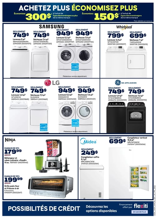 Rona - Page 18. La page met en vedette des électroménagers et petits appareils de cuisine. En haut, une promotion "Achetez plus, économisez plus" offre 300 $ de rabais à l'achat de 3 gros électroménagers ou plus de la même marque, ou 150 $ de rabais à l'achat de 2 gros électroménagers de la même marque.

La section des gros électroménagers présente :
- Samsung : Une laveuse de 5 pi³ et une sécheuse de 7,4 pi³ à 749 $ chacune. Une autre laveuse de 5,2 pi³ et une sécheuse de 7,5 pi³ à 949 $ chacune. Les piédestaux sont vendus séparément.
- Whirlpool : Une laveuse de 4,8 pi³ à 799 $ et une sécheuse de 7 pi³ à 699 $.
- LG : Une laveuse de 4,8 pi³ et une sécheuse de 7,3 pi³ à 749 $ chacune. Une autre laveuse de 5,2 pi³ et une sécheuse de 7,4 pi³ à 949 $ chacune. Les piédestaux sont vendus séparément.
- GE Appliances : Une laveuse de 4,9 pi³ et une sécheuse de 7,2 pi³ à 749 $ chacune.

La section des petits électroménagers et congélateurs présente :
- Ninja : Un mélangeur et robot culinaire "Foodi" de 72 oz à 179,99 $ (rabais de 21 % sur le prix original de 229,99 $). Un grille-pain-four et friteuse à air 8 fonctions à 199,99 $ (rabais de 33 % sur le prix original de 299,99 $).
- Midea : Un congélateur coffre de 5,1 pi³ à 249 $ et un congélateur vertical de 13,8 pi³ à 699 $.

En bas de page, une bannière indique les "Possibilités de crédit" et le "Financement offert par Flexiti".