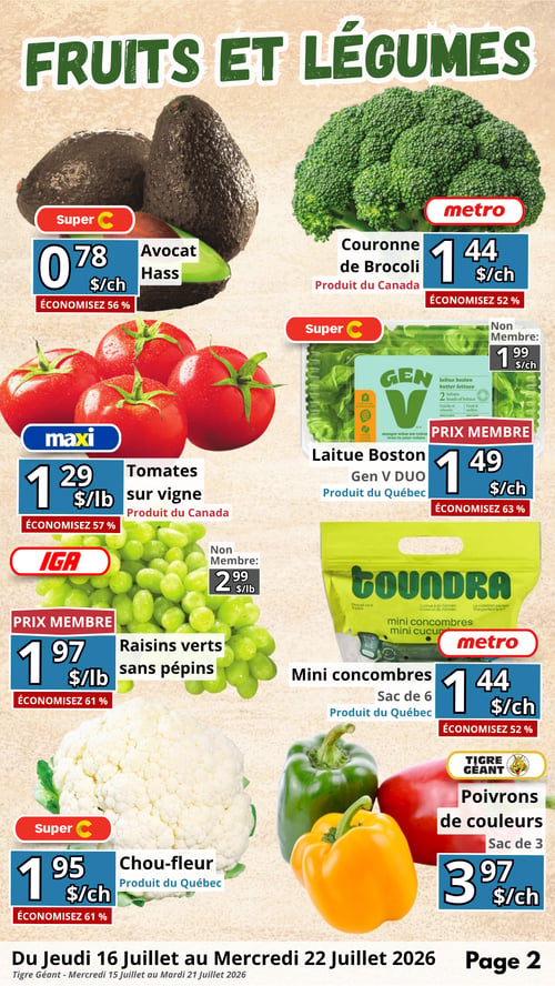 Circulaire en Ligne - Page 2, valide du jeudi 16 juillet au mercredi 22 juillet 2026. La page est dédiée aux fruits et légumes. On y trouve l'avocat Hass à 0,78 $ chacun chez Super C, avec 56 % d'économie. La couronne de brocoli du Canada est à 1,44 $ chacun chez Metro, économisez 52 %. Les tomates sur vigne du Canada sont à 1,29 $ la livre chez Maxi, avec 57 % d'économie. La laitue Boston Gen V DUO du Québec est offerte à 1,49 $ chacun pour les membres Super C (prix régulier 1,99 $), soit 63 % d'économie. Les raisins verts sans pépins sont à 1,97 $ la livre pour les membres IGA (prix régulier 2,99 $), économisez 61 %. Les mini concombres du Québec en sac de 6 sont à 1,44 $ chacun chez Metro, avec 52 % d'économie. Le chou-fleur du Québec est à 1,95 $ chacun chez Super C, économisez 61 %. Enfin, les poivrons de couleurs en sac de 3 sont à 3,97 $ chacun chez Tigre Géant.