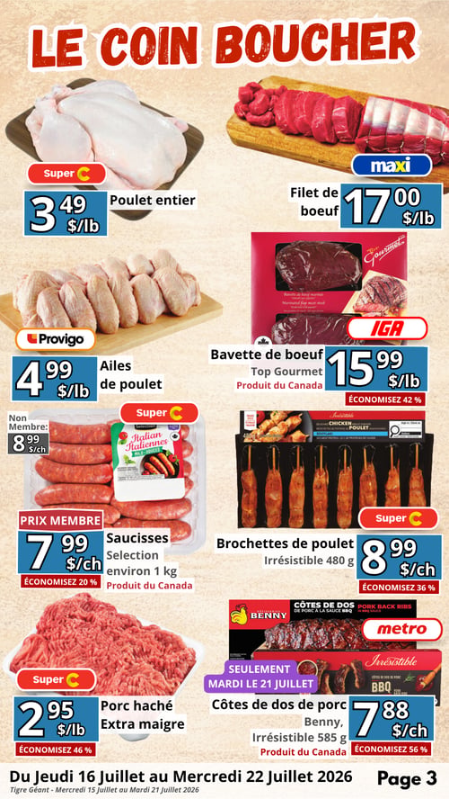 Circulaire en Ligne - Page 3. La page est intitulée "Le Coin Boucher". On y trouve le poulet entier Super C à 3,49 $ la livre et le filet de boeuf Maxi à 17,00 $ la livre. Les ailes de poulet Provigo sont offertes à 4,99 $ la livre. La bavette de boeuf Top Gourmet, produit du Canada, est à 15,99 $ la livre, avec 42 % d'économie. Les saucisses Selection d'environ 1 kg, produit du Canada, sont à 7,99 $ le paquet pour les membres Super C (8,99 $ pour non-membres), économisez 20 %. Les brochettes de poulet Irrésistible 480 g Super C sont à 8,99 $ le paquet, économisez 36 %. Le porc haché extra maigre Super C est à 2,95 $ la livre, économisez 46 %. Enfin, les côtes de dos de porc Benny Irrésistible 585 g, produit du Canada, sont à 7,88 $ le paquet chez Metro, avec 56 % d'économie, offre valide seulement le mardi 21 juillet.