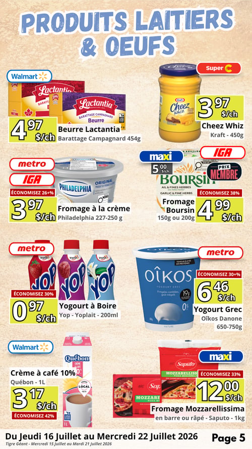 Circulaire en Ligne - Page 5. La page est dédiée aux produits laitiers et œufs. On y trouve le beurre Lactantia Barattage Campagnard 454g à 4,97 $ l'unité chez Walmart. Le Cheez Whiz Kraft 450g est offert à 3,97 $ l'unité chez Super C. Le fromage à la crème Philadelphia 227-250 g est à 3,97 $ l'unité chez Metro et IGA, avec 26 % d'économie. Le fromage Boursin 150g ou 200g est à 4,99 $ l'unité chez Maxi et IGA (prix membre), avec 38 % d'économie. Le yogourt à boire Yop Yoplait 200ml est à 0,97 $ l'unité chez Metro, avec 30 % d'économie. Le yogourt grec Oikos Danone 650-750g est à 6,46 $ l'unité chez Metro, avec plus de 30 % d'économie. La crème à café 10 % Québon 1L est à 3,17 $ l'unité chez Walmart, avec 42 % d'économie. Enfin, le fromage Mozzarellissima Saputo en barre ou râpé 1kg est à 12,00 $ l'unité chez Maxi, avec 33 % d'économie.
