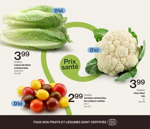 Circulaire Avril - Supermarché Santé - Page 2. La page présente trois offres de produits frais avec un label "Prix santé" au centre. En haut à gauche, des cœurs de laitue romaine bios du Québec, paquet de 3, sont affichés à 3,99 $ (rég. 5,99 $). En haut à droite, un chou-fleur bio du Québec est disponible à 3,99 $ l'unité (rég. 5,99 $). En bas à gauche, des tomates cerises bios de couleurs variées du Québec, format 541 ml, sont offertes à 2,99 $ (rég. 4,99 $). Tous les produits sont identifiés par un macaron "D'ici". Le bas de page indique en majuscules : "TOUS NOS FRUITS ET LÉGUMES SONT CERTIFIÉS ECO CERT".