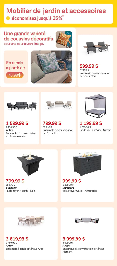 Club Piscine - Page 3. La page présente du mobilier de jardin et des accessoires, avec des économies allant jusqu'à 35 %. Une section met en vedette une grande variété de coussins décoratifs en rabais à partir de 16,99 $. On trouve ensuite un ensemble de conversation extérieur Nora à 599,99 $ (prix régulier 799,99 $). Plus bas, l'ensemble de conversation extérieur Artovi Azalea est à 1 599,99 $ (prix régulier 2 199,99 $), l'ensemble de conversation extérieur Iris à 799,99 $ (prix régulier 899,99 $), et le lit de jour extérieur Navaro à 1 199,99 $ (prix régulier 1 599,99 $). Deux tables foyers Sunbeam sont offertes : le modèle Hearth noir à 799,99 $ (prix régulier 999,99 $) et le modèle Oasis anthracite à 999,99 $ (prix régulier 1 399,99 $). Enfin, deux ensembles Artovi complètent la page : l'ensemble à dîner extérieur Area à 2 819,93 $ (prix régulier 3 799,93 $) et l'ensemble de conversation extérieur Moment à 3 999,99 $ (prix régulier 4 999,99 $).