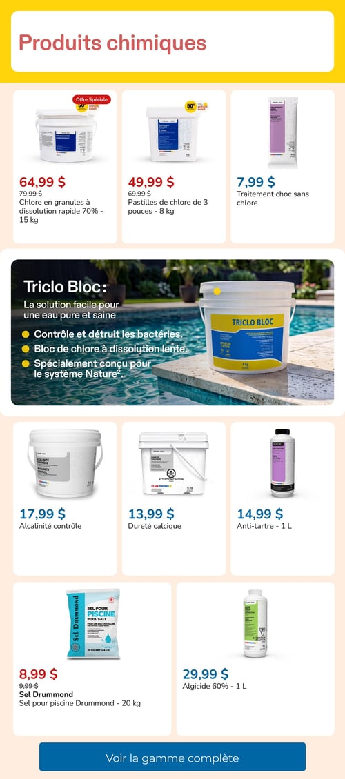 Club Piscine - Page 8. La page est intitulée "Produits chimiques" et présente une sélection de produits pour l'entretien des piscines. En haut, une offre spéciale sur le chlore en granules à dissolution rapide de 70 %, 15 kg, à 64,99 $ (anciennement 79,99 $). À côté, des pastilles de chlore de 3 pouces, 8 kg, à 49,99 $ (anciennement 69,99 $), avec un don de 50¢ à Enfant Soleil. Suit un traitement choc sans chlore à 7,99 $. Au centre de la page, un encart met en vedette le "Triclo Bloc", une solution pour une eau pure et saine qui contrôle et détruit les bactéries, avec un bloc de chlore à dissolution lente, spécialement conçu pour le système Nature. Plus bas, on trouve l'alcalinité contrôle, 5 kg, à 17,99 $, la dureté calcique, 4 kg, à 13,99 $, et l'anti-tartre, 1 L, à 14,99 $. Enfin, du sel Drummond pour piscine, 20 kg, est offert à 8,99 $ (anciennement 9,99 $), et un algicide 60 %, 1 L, à 29,99 $. Un bouton invite à voir la gamme complète.