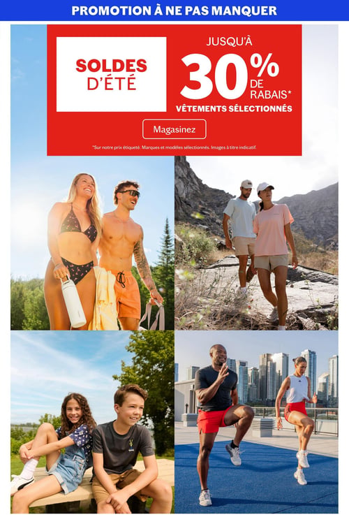 Circulaire Sports Experts - Page 2. La page met en avant une "Promotion à ne pas manquer" avec les "Soldes d'été" offrant jusqu'à 30 % de rabais sur les vêtements sélectionnés. Un bouton "Magasinez" est présent. L'offre est valide sur le prix étiqueté, pour les marques et modèles sélectionnés, et les images sont à titre indicatif. Quatre grandes photos illustrent des activités estivales : en haut à gauche, un couple souriant sur une plage, la femme en bikini tenant une bouteille d'eau, l'homme en short de bain orange ; en haut à droite, un couple en randonnée dans un paysage montagneux ; en bas à gauche, deux enfants souriants assis sur un banc en bois à l'extérieur ; et en bas à droite, un homme et une femme s'entraînant sur une piste bleue sur un toit en ville.