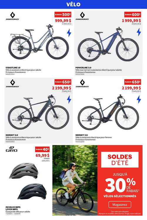 Circulaire Sports Experts - Page 3. La page est intitulée "VÉLO" et présente plusieurs offres. Quatre vélos électriques Diamondback sont mis en avant. Le modèle Coastline 1.0, un vélo à assistance électrique pour adulte avec 5 niveaux d'assistance, est à 999,99 $ après un rabais de 500 $ (prix régulier 1 499,99 $). Le Powerline 3.0, un vélo tout-terrain à assistance électrique pour adulte avec 5 niveaux d'assistance, est à 1 999,99 $ après un rabais de 600 $ (prix régulier 2 599,99 $). Le Nordet 2.0, un vélo à assistance électrique pour adulte avec 5 niveaux d'assistance, est à 2 199,99 $ après un rabais de 650 $ (prix régulier 2 849,99 $). Le Nordet 2.0 pour femme, également un vélo à assistance électrique avec 5 niveaux d'assistance, est au même prix de 2 199,99 $ après un rabais de 650 $ (prix régulier 2 849,99 $). En bas à gauche, deux casques de vélo Giro pour adulte, les modèles Revolve MIPS et Lever MIPS, sont offerts à 69,99 $ chacun après un rabais de 40 $ (prix régulier 109,99 $). Sur la droite, une grande section rouge annonce les "Soldes d'été" avec jusqu'à 30 % de rabais sur les vélos sélectionnés. Une image montre une femme souriante à vélo sur une route bordée d'arbres, illustrant la promotion.