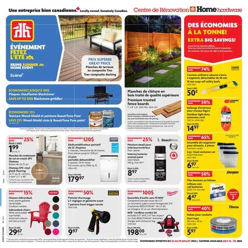 Circulaire Home Hardware - Page 1. La page annonce l'événement "Fêtez l'été" avec de grandes images de terrasses et de clôtures. On y trouve des planches de terrasse en composite Trex et des planches de clôture en bois traité de qualité supérieure. Une section "Des économies à la tonne!" met en avant des rabais importants. Les offres incluent : jusqu'à 100 $ d'économie sur les plaques chauffantes Blackstone; un couteau utilitaire Home Essentials à 0,50 $ (économie de 74 %); 25 % de rabais sur la teinture Wood-Shield et la peinture BeautiTone Pure; une rallonge d'extérieur Canada Wire à 14,97 $ (économie de 50 %); des planches de revêtement de sol en vinyle SPC Château à 1,99 $ le pied carré; un ensemble de rangement Phantom Chef de 6 pièces à 6,97 $ l'ensemble (économie de 65 %); un déshumidificateur portatif Omni de 22 chopines à 179,97 $ (économie de 120 $); un paquet de 2 piles boutons au lithium Energizer à 4,47 $ (économie de 50 %); de la peinture émail intérieur/extérieur BeautiTone, noir satiné, à 8,97 $ (économie de 25 %); du ruban pour conduits Home à 5,97 $ (économie de 40 %); des chaises Adirondack Keter avec porte-gobelet rétractable, en couleurs variées, à 29,67 $ chacune (économie de 15 %); un pistolet d'arrosage Stanley Fatmax à 7 réglages à 9,97 $ (économie de 50 %); et un ensemble d'outils sans fil M18 Milwaukee comprenant une perceuse, un tournevis à percussion, 2 batteries, un chargeur et un sac d'entrepreneur, à 198,00 $ l'ensemble (économie de 100 $).