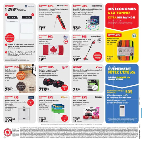 Circulaire Home Hardware - Page 2. La page présente plusieurs offres pour la maison et le jardin. En haut à gauche, un ensemble laveuse et sécheuse GE Appliances est offert à 1298,00 $ la paire. La laveuse de 4,4 pi³ et la sécheuse de 6,2 pi³ sont dotées du cycle SaniFresh et d'un agitateur à double action. Au centre, un thermomètre à viande ThermoPro en acier inoxydable est à 11,97 $, une économie de 40 % sur le prix de 19,99 $. À droite, un ensemble de ruban lumineux à DEL BelloHowell de 12 pieds, multicolore, est à 39,97 $, une économie de 20 % sur le prix de 49,99 $. Un encadré rouge annonce "Des économies à la tonne!" avec des restrictions sur les quantités. Au centre de la page, un drapeau du Canada de 36 po x 72 po est à 19,97 $, une économie de 50 % sur le prix de 39,99 $. Un coupe-herbe sans fil Benchmark 20 V avec batterie et chargeur, doté d'un moteur sans balais et d'une garantie limitée de 5 ans, est à 99,97 $, une économie de 30 $ sur le prix de 129,99 $. Un tampon à récurer pour casserole est à 1,97 $, une économie de 45 % sur le prix de 3,59 $. Des dalles de terrasse en bois d'acacia Q-Acacia sont à 29,97 $ la boîte de 10 pi², une économie de 25 % sur le prix de 39,99 $. Trois couleurs sont disponibles : Teck doré, Espresso et Naturel. Un paquet de 2 batteries Milwaukee 18 V REDLITHIUM XC5.0 à capacité étendue est à 278,00 $, une économie de 170 $ sur le prix de 449,99 $. Un détecteur de fumée photoélectrique parlant Kidde 120 V interconnectable avec batterie de secours de 10 ans est à 25,97 $. Un meuble-lavabo Clare Chelini de 30 po x 18-3/4 po avec dessus et quincaillerie noire est à 294,97 $, une économie de 45 $ sur le prix de 339,99 $. Le robinet est vendu séparément. Un paquet de 2 filtres de fournaise Filtrete MPR 700 est à 18,47 $, une économie de 25 % sur le prix de 24,99 $. Un paquet de piles alcalines Energizer Max (24 AA ou 16 AAA) est à 17,97 $, une économie de 25 % sur le prix de 23,99 $. Enfin, un encadré bleu annonce l'"Événement Fêtez l'été" avec des économies allant jusqu'à 50 $ sur les climatiseurs portatifs et ventilateurs OMNImax, avec des conditions sur le prix régulier et les quantités.