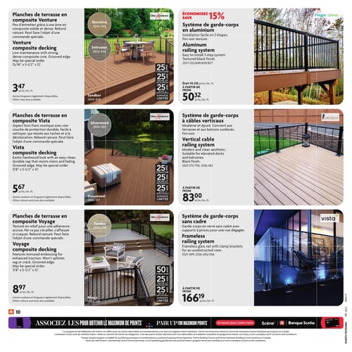 Circulaire Home Hardware - Page 22. La page présente des options de terrasses en composite et de systèmes de garde-corps. Dans la première section, les planches de terrasse en composite Venture, faciles d'entretien avec un rebord rainuré, sont offertes à 3,47 $ le pied linéaire. Les couleurs disponibles sont Shoreline, Saltwater et Sandbar. À côté, un système de garde-corps en aluminium, facile à installer en 3 étapes avec un fini noir texturé, est réduit de 15 %, passant de 59,25 $ à partir de 50,32 $ le pied linéaire. La deuxième section propose les planches de terrasse en composite Vista, avec un aspect bois franc exotique et une couche de protection durable, à 5,67 $ le pied linéaire. Les couleurs sont Silverwood et Dunewood. En face, un système de garde-corps à câbles verticaux, au fini noir, est disponible à partir de 83,00 $ le pied linéaire. La troisième section met en vedette les planches de terrasse en composite Voyage, avec une texture en relief pour une meilleure adhérence, à 8,97 $ le pied linéaire. Les couleurs sont Tundra et Khaya. Juste à côté, un système de garde-corps sans cadre en verre, avec supports à pinces pour une vue dégagée, est offert à partir de 166,19 $ le pied linéaire. En bas de page, une promotion invite à associer les achats pour obtenir le maximum de points avec Scene+ et la Banque Scotia.