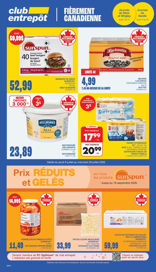Club Entrepôt - Page 1. La circulaire annonce une Journée Nestlé de 5 jours seulement, valide du 14 au 18 juillet. La première offre propose 10 000 points Optimum à l'achat de 5 boîtes de barres de chocolat Nestlé, disponibles en formats individuels ou géants. Les marques présentées incluent Kit Kat, Aero, Coffee Crisp, Mirage, Big Turk et Rolo. Ensuite, des barres de chocolat individuelles Nestlé, certaines variétés en caisse de 24 unités, sont offertes à 23,99 $. Les exemples visibles sont Kit Kat Chunky, Kit Kat saveur pâte à biscuits et Mackintosh's. Enfin, des barres de chocolat grand format Nestlé, certaines variétés en caisse de 24 unités, sont disponibles à 39,99 $. Les marques illustrées sont Coffee Crisp, Kit Kat et Aero.