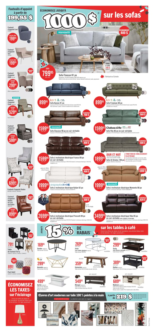 Circulaire Brick - Page 6. La page met en vedette des fauteuils d'appoint, des sofas, des tables à café et des œuvres d'art. En haut à gauche, une sélection de fauteuils d'appoint est présentée à partir de 199,95 $. On y trouve le fauteuil d'appoint Lexi à 199,95 $, le fauteuil d'appoint Tori à 199,95 $, le fauteuil d'appoint Zello à 299,95 $ (économisez 60 $), le fauteuil d'appoint Cove à 529,95 $ (superbe achat), le fauteuil d'appoint pivotant Ever à 599,95 $ (superbe achat), le fauteuil d'appoint Haden à 699,95 $ (économisez 65 $), et le fauteuil d'appoint Haden en cuir véritable à 899,95 $ (économisez 180 $). La section principale, en haut à droite, annonce des économies allant jusqu'à 1000 $ sur les sofas. Un sofa Finesse de 81 pouces, une nouveauté, est affiché à 799,95 $ après rabais (économisez 400 $). Une table à café est aussi montrée à 149 $. Plusieurs autres sofas sont présentés : le sofa Kassia de 91 pouces de Kort & Co. à 899,95 $, le sofa Freeman de 88 pouces de Kort & Co. à 899,95 $, le sofa Classico de 90 pouces en cuir véritable, une nouveauté, à 1599,95 $ après rabais (économisez 700 $), le sofa Vita de 86 pouces en cuir véritable de Chateau d'Ax à 1599,95 $ après rabais (économisez 560 $), le sofa à inclinaison électrique Franco de 89 pouces en cuir véritable à 1599,95 $ après rabais (économisez 800 $), le sofa-lit Stratus de 108 pouces, Jour et Nuit, à 1899,95 $ après rabais (économisez 500 $), le sofa à inclinaison électrique Kailyn de 92 pouces de Cindy Crawford Home à 1999,95 $ après rabais (économisez 400 $), le sofa à inclinaison électrique Momento de 90 pouces, une nouveauté, à 1999,95 $ après rabais (économisez 1000 $), le sofa à inclinaison électrique Prescott de 89 pouces en cuir véritable de Scott Living à 2699,95 $ après rabais (économisez 500 $), et le sofa à inclinaison électrique Vibe de 85 pouces en cuir véritable avec chaleur et massage à 3499,95 $ après rabais (économisez 820 $). Une section "sur les tables à café" offre jusqu'à 15 % de rabais. On y trouve la table de fauteuil Torry à 79,95 $ (économisez 20 $), la table de bout Xander à 169,95 $, la table de bout Josie avec tables gigognes à 269,95 $ (économisez 30 $), la table de bout Amanda à 299,95 $, la table à dessus relevable Sicily à 299,95 $, la table de bout Acacia à 359,95 $, la table de bout Galveston à 359,95 $, la table de bout Dalton à 389,95 $ (économisez 80 $), la table de bout Garbo à 499,95 $, la table de bout Morgan à 549,95 $, et la table de bout Madison à 689,95 $. Un pouf Adell est disponible à 89,95 $ (économisez 10 $). En bas à gauche, une promotion "Économisez les taxes sur l'éclairage" est annoncée. Enfin, des œuvres d'art modernes sur toile 100 % peintes à la main sont offertes à partir de 219 $.