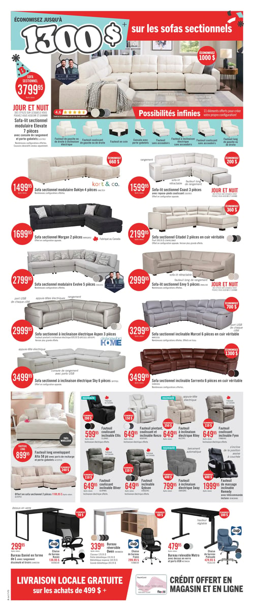 Circulaire Brick - Page 8. La page met en vedette des sofas sectionnels. En haut, un grand sofa sectionnel modulaire Elevate 7 pièces de couleur crème est présenté à 3799,95 $, avec des économies allant jusqu'à 1300 $ sur les sofas sectionnels. Il est personnalisable avec 11 éléments, incluant fauteuils de gauche ou droite à inclinaison électrique, fauteuils coulissants, fauteuils en coin, consoles avec porte-gobelets, fauteuils sans accoudoirs et fauteuils longs. Plusieurs autres sofas sectionnels sont offerts : le sofa sectionnel modulaire Oaklyn 4 pièces de couleur beige à 1499,95 $; le sofa-lit sectionnel Coast 3 pièces avec repose-pieds coulissant, blanc, à 1599,95 $; le sofa sectionnel Morgan 2 pièces, gris foncé, fabriqué au Canada, à 1699,95 $; le sofa sectionnel Citadel 2 pièces en cuir véritable, beige, à 2199,95 $; le sofa sectionnel modulaire Evolve 5 pièces, gris clair, à 2799,95 $; le sofa-lit sectionnel Envy 5 pièces, beige, à 2999,95 $; le sofa sectionnel à inclinaison électrique Aspen 3 pièces, gris clair, à 2999,95 $; le sofa sectionnel inclinable Marcel 6 pièces en cuir véritable, gris, à 3299,95 $; le sofa sectionnel à inclinaison électrique Sky 6 pièces, blanc, avec console de rangement et ports USB, à 3499,95 $; et le sofa sectionnel inclinable Sorrento 6 pièces en cuir véritable, brun, à 3499,95 $. La section des fauteuils inclinables inclut : le fauteuil long enveloppant Alto 58 avec ports de recharge et porte-gobelets, beige, à 899,95 $; le fauteuil coulissant inclinable Ellis, noir, fabriqué au Canada, à 599,95 $; le fauteuil pivotant, coulissant et inclinable Kenzo, blanc, à 649,95 $; le fauteuil à inclinaison électrique Riley, beige, à 649,95 $; le fauteuil coulissant inclinable Fynn, gris, à 649,95 $; le fauteuil coulissant inclinable Oliver, gris, à 649,95 $; le fauteuil inclinable Gybson, gris, à 649,95 $; le fauteuil à inclinaison électrique Sway, gris, à 799,95 $; et le fauteuil de massage inclinable Remedy avec télécommande, noir, à 1999,95 $. La section bureau présente : le bureau Daniel en forme de L avec rangement dissimulé et tiroirs, noir, à 299,95 $; la chaise de bureau Raven, noire, à 139,95 $; le bureau réversible Owen, blanc et bois clair, à 339,95 $; la chaise de bureau Fionn, noire, à 299,95 $; le bureau relevable Metro avec dessus en verre et ports USB, noir, à 479,95 $; et la chaise de bureau Palisade, bleue, à 429,95 $. Une bannière rouge en bas de page annonce la livraison locale gratuite sur les achats de 499 $ et plus, et le crédit offert en magasin et en ligne.