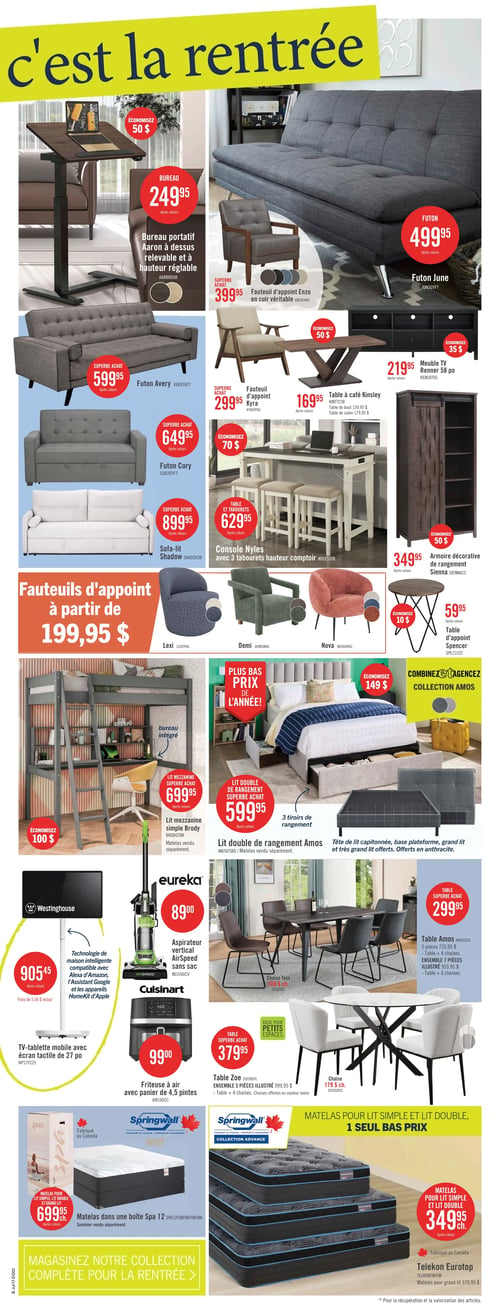 Circulaire Brick - Page 10. La page est thématique "c'est la rentrée" et présente une variété de meubles et d'articles pour la maison. En haut à gauche, un bureau portatif Aaron à dessus relevable et à hauteur réglable est 249,95 $, avec une économie de 50 $. À côté, un fauteuil d'appoint Enzo en cuir véritable est 399,95 $. Un futon June est affiché à 499,95 $. Plus bas, le futon Avery est 599,95 $, le futon Cory est 649,95 $ et le sofa-lit Shadow est 899,95 $. Une section met en vedette des fauteuils d'appoint à partir de 199,95 $, incluant les modèles Lexi, Demi et Nova. Au centre, un fauteuil d'appoint Kyra est 299,95 $. Une table à café Kinsley est 169,95 $, avec une économie de 50 $. Un meuble TV Renner de 58 pouces est 219,95 $, avec une économie de 35 $. Une console Nyles avec 3 tabourets hauteur comptoir est 629,95 $, avec une économie de 70 $. Une armoire décorative de rangement Sienna est 349,95 $, avec une économie de 50 $. Une table d'appoint Spencer est 59,95 $, avec une économie de 10 $. En bas à gauche, un lit mezzanine simple Brody avec bureau intégré est 699,95 $, avec une économie de 100 $. Une TV-tablette mobile Westinghouse de 27 pouces avec écran tactile, compatible avec Alexa d'Amazon et l'Assistant Google, est 905,45 $. Un aspirateur vertical Eureka AirSpeed sans sac est 89,00 $. Une friteuse à air Cuisinart avec panier de 4,5 pintes est 99,00 $. En haut à droite, un lit double de rangement Amos avec 3 tiroirs est 599,95 $, avec une économie de 149 $. La tête de lit capitonnée, la base plateforme et le grand lit sont offerts en anthracite. Une table Amos avec 4 chaises est 299,95 $. L'ensemble 7 pièces illustré est 735,95 $. Une table Zoe, idéale pour les petits espaces, est 379,95 $. L'ensemble 5 pièces illustré est 999,95 $. Un matelas dans une boîte Spa 12 est 699,95 $. Enfin, des matelas pour lit simple et lit double Telekon Eurotop, fabriqués au Canada, sont 349,95 $. La page invite à magasiner la collection complète pour la rentrée.
