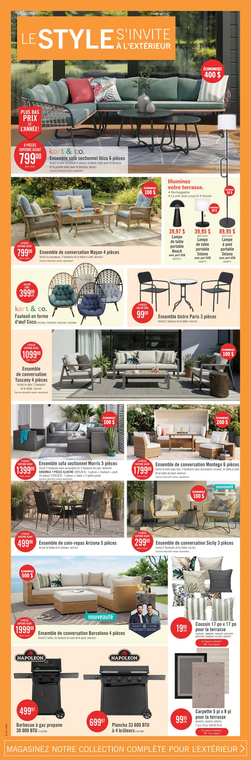 Circulaire Brick - Page 12. La page met en vedette des meubles et accessoires pour l'extérieur sous le thème "Le style s'invite à l'extérieur". En haut, l'ensemble sofa sectionnel Ibiza 6 pièces de Kort & Co. est à 799,00 $, incluant un sofa sectionnel 4 pièces, une petite table et une grande table, avec une économie de 400 $. L'ensemble de conversation Mayan 4 pièces est à 799,00 $, incluant une causeuse, 2 fauteuils et une table à café, avec une économie de 100 $. Pour l'éclairage de terrasse, une lampe de table portable Beech avec port USB est à 39,97 $, une lampe de table portable Solana avec port USB est à 39,95 $ (économie de 10 $), et une lampe à pied portable Solana avec port USB est à 89,95 $ (économie de 10 $). Un fauteuil en forme d'œuf Coco de Kort & Co. est offert à 399,00 $ chacun, disponible en plusieurs couleurs. L'ensemble bistro Paris 3 pièces, incluant 2 chaises et une table, est à 99,00 $. L'ensemble de conversation Tuscany 4 pièces est à 1099,00 $ (économie de 100 $), incluant un sofa, 2 fauteuils et une table. L'ensemble sofa sectionnel Morris 5 pièces est à 1399,00 $ (économie de 100 $), et l'ensemble de conversation Montego 6 pièces est à 1799,00 $ (économie de 200 $). L'ensemble de coin-repas Arizona 5 pièces est à 499,00 $, incluant une table et 4 chaises. L'ensemble de conversation Sicily 3 pièces est une nouveauté à 299,00 $ (économie de 100 $), incluant 2 fauteuils et une table. L'ensemble de conversation Barcelona 4 pièces de Scott Living est une nouveauté à 1999,00 $ (économie de 500 $), incluant 2 sofas, un fauteuil en coin et un pouf. Des coussins de 17 po x 17 po pour la terrasse sont à 19,00 $ chacun, disponibles en plusieurs motifs. Deux barbecues Napoleon sont présentés : un barbecue à gaz propane 30 000 BTU à 499,97 $ et une plancha 33 600 BTU à 4 brûleurs à 699,97 $. Enfin, des carpettes de 5 pi x 8 pi pour la terrasse sont à 99,95 $ chacune, avec des motifs variés, et la taille 7 pi x 10 pi est à 169,95 $.