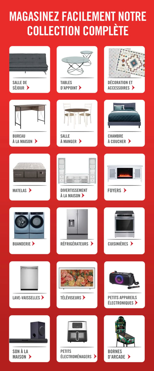 Circulaire Brick - Page 22. La page, intitulée "Magasinez facilement notre collection complète", présente 18 catégories de produits sous forme de grille. De gauche à droite et de haut en bas, on trouve : Salle de séjour, Tables d'appoint, Décoration et accessoires, Bureau à la maison, Salle à manger, Chambre à coucher, Matelas, Divertissement à la maison, Foyers, Buanderie, Réfrigérateurs, Cuisinières, Lave-vaisselles, Téléviseurs, Petits appareils électroniques, Son à la maison, Petits électroménagers et Bornes d'arcade.