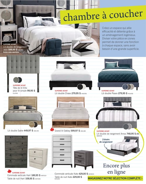Circulaire Brick - Page 12. La page est dédiée à la chambre à coucher, mettant en avant des solutions d'aménagement ingénieux pour optimiser l'espace. Un grand lit double de rangement Jace gris est présenté à 599,95 $, le matelas étant vendu séparément. On trouve ensuite une tête de lit Ellis capitonnée grise pour lit simple à 99,95 $, un lit double Chase noir à 279,95 $ et un lit double Paseo bleu à 279,95 $. Plus bas, un lit double Sable en bois clair est offert à 449,97 $, un grand lit Oakley en bois clair avec rangement intégré à 599,97 $, et un lit double de rangement Amos gris avec trois tiroirs à 748,95 $. La section inférieure propose une commode verticale Hart gris foncé à 189,95 $ et une table de nuit Hart en bois clair à 109,95 $. À côté, une commode verticale Kate blanche est affichée à 429,00 $ et une table de nuit Kate gris foncé à 229,00 $. La page se termine par une invitation à découvrir plus de produits en ligne.