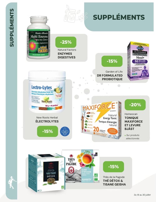 Circulaire La Moisson Supermarché Santé - Page 5. La page est dédiée aux suppléments. On y trouve le Multi Enzyme de Natural Factors, un supplément pour la digestion saine, avec 25 % de rabais. Les probiotiques Dr. Formulated Mood+ de Garden of Life, garantis 50 milliards d'unités et 16 souches, sont offerts avec 15 % de rabais. Le mélange d'électrolytes réhydratants Lectro-Lytes de New Roots Herbal, saveur coco-ananas, est aussi à 15 % de rabais. Le tonique d'énergie naturel Maxiforce de Homeocan, en 20 ampoules de 10 ml à saveur d'orange, bénéficie de 20 % de rabais sur les produits sélectionnés de la marque. Enfin, les Thés de la Pagode, incluant le Thé Détox Sou Tsian et la Tisane Geisha, sont à 15 % de rabais. Offres valables du 16 au 30 juillet.