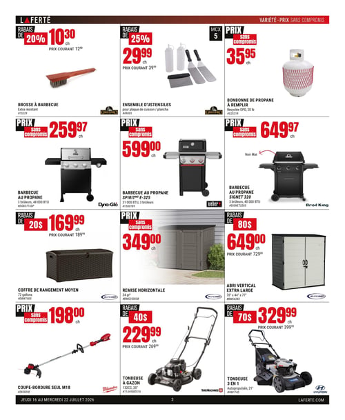 Circulaire Laferté - Page 3. La page présente des articles pour le barbecue et l'entretien extérieur. En haut à gauche, une brosse à barbecue extra résistante est offerte avec un rabais de 20 % à 10,30 $. Au centre, un ensemble d'ustensiles GrillPro pour plancha est à 29,99 $ avec un rabais de 25 %. À droite, une bonbonne de propane de 20 livres à remplir est à 35,95 $. La section suivante propose des barbecues au propane : un modèle Dyna-Glo à 3 brûleurs, 48 000 BTU, est à 259,97 $; un Weber Spirit E-325 à 3 brûleurs, 31 000 BTU, est à 599,00 $; et un Broil King Signet 320 noir mat à 3 brûleurs, 40 000 BTU, est à 649,97 $. Plus bas, un coffre de rangement moyen Suncast de 72 gallons est à 169,99 $ après un rabais de 20 $. Une remise horizontale Suncast de 34 pieds cubes est à 349,00 $. Un abri vertical extra large Suncast de 70" x 44" x 77" est à 649,00 $ avec un rabais de 80 $. Enfin, pour l'entretien du gazon, un coupe-bordure Milwaukee M18 est à 198,00 $. Une tondeuse à gazon Yard Machines de 132 cc, 20", est à 229,99 $ avec un rabais de 40 $. Une tondeuse 3 en 1 autopropulsée Hyundai de 21" est à 329,99 $ avec un rabais de 70 $.