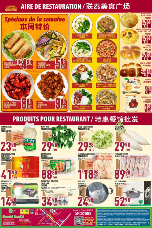 Circulaire Marché LianTai - Page 6. La page est divisée en deux sections principales : l'aire de restauration et les produits pour restaurant en gros. La section de l'aire de restauration présente les spéciaux de la semaine avec des rouleaux de printemps frits à 10 pour 4,98 $, l'aubergine Szechuan sautée à 5,98 $ chacun, le ventre de porc braisé chinois à 8,98 $ chacun et le poulet Général Tao à 9,98 $ chacun. D'autres plats préparés incluent la soupe Wonton, la soupe Wonton avec nouilles, le poulet avec riz, le choix de 2 items avec riz, les vermicelles sautées avec bœuf, le tofu Mapo, les tentacules de calmars avec sel et poivre, et le poisson capelan frit. La section boulangerie propose la pâtisserie de melon d'hiver (régulière ou goût salé) à 2 pour 3,50 $, le pain au taro (petit) à 2 pour 3,50 $, le pain au beurre à 2 pour 4,98 $, la baguette à 3,48 $ chacun et le croissant à 3,58 $ chacun. La section des produits pour restaurant en gros inclut les champignons Enoki de 200 g à 23,98 $ la boîte, le Naiyu Miu à 29,98 $ la boîte, le chou-fleur chinois à 29,98 $ la boîte, le radis blanc à 29,98 $ la boîte, la sauce aromatisée aux huîtres Lee Kum Kee de 2,2 kg par 6 à 41,98 $ la boîte, la banane frite congelée de 160 g par 40 à 88,88 $ la boîte, les tentacules de calmar (taille 90/120) de 10 kg à 118,98 $ la boîte, les pilons de poulet à 89,98 $ la boîte, un réchaud à gaz portable au butane Jinyu BDZ 1558 à 14,98 $ la boîte, les cartouches de butane Applewood (28 par caisse, 9,76 kg) à 34,98 $ la boîte, un wok avec couvercle de 32 cm à 24,98 $ plus taxes, et un pot en marbre de 36 cm à 52,98 $ plus taxes.