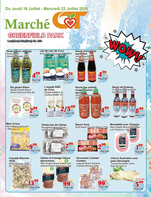 Circulaire Marché C & T - Page 1. La page est divisée en quatre sections principales : Congelé, Fournitures pour restaurant, Légumes et fruits, et BBQ. 

Dans la section Congelé :
- Légumes mélangés O'ya hoho, 750 g, à 1,99 $ (rég. 2,59 $).
- Filets de morue bleue Tasia, 908 g, à 6,99 $ (rég. 8,99 $).
- Frites O'ya hoho, 908 g, 2 pour 5,00 $ (rég. 2,99 $ chacun).
- Thon Best Quality, à 2,99 $ la livre (rég. 3,99 $).
- Tube de calmar D Y Seafood, 560 g, à 6,99 $ (rég. 7,99 $).
- Filets de pangasius Basa, 3 livres, à 6,99 $ (rég. 9,99 $).
- Nuggets de poulet ou burger de poulet Ta'aam Halal, 800 g, à 5,99 $ (rég. 6,99 $).
- Boulettes de soupe de Shanghai CP, 300 g, à 2,99 $ (rég. 4,99 $).

Dans la section Fournitures pour restaurant :
- Sauce aromatisée aux huîtres Panda, 2,27 kg x 6, à 45,99 $ la boîte.
- Sauce aromatisée aux huîtres LKK, 6 x 4,85 livres, à 33,99 $ la caisse.
- Champignon de paille Y&B, 24 x 425 g, à 34,99 $ la caisse.
- Glutamate monosodique Pearl River, 50 livres, à 42,99 $ la caisse.
- Sauce de soja Kikkoman, 18,9 litres, à 55,00 $ la caisse.
- Crevettes blanches 26/30, à 135,00 $ la caisse.

Dans la section Légumes et fruits :
- Estomac de porc congelé, à partir de 22 livres et plus, à 1,59 $ la livre.
- Intestin de porc congelé, à partir de 22 livres et plus, à 1,99 $ la livre.
- Cuisses de poulet, caisse de 40 livres, à 2,59 $ la livre.
- Concombre anglais, produit du Mexique, à 12,99 $ la caisse.
- Chou de napa, produit du Canada, à 19,99 $ la caisse.
- Carotte, produit du Mexique, à 14,99 $ la caisse.
- Oignon vert, produit du Mexique, à 19,99 $ la caisse.
- Bok choy shanghaïnais, produit du Mexique, à 27,99 $ la caisse.
- Brocolis couronne, produit du Mexique, à 33,99 $ la caisse.
- Chou coréen, produit du Mexique, à 22,99 $ la caisse.
- Poivron orange et jaune, produit du Mexique, à 9,99 $ la caisse.
- Ail pelé, produit de la Chine, à 32,99 $ la caisse.
- Okra, 12 livres, produit du Mexique, à 35,99 $ la caisse.

Dans la section BBQ :
- Rôti de canard, à 34,99 $ chacun.
- Canard mariné, à 29,99 $ chacun.
- Poulet biologique salé, à 29,99 $ chacun.
- Côtes levées de porc grillées, à 7,99 $ la livre.