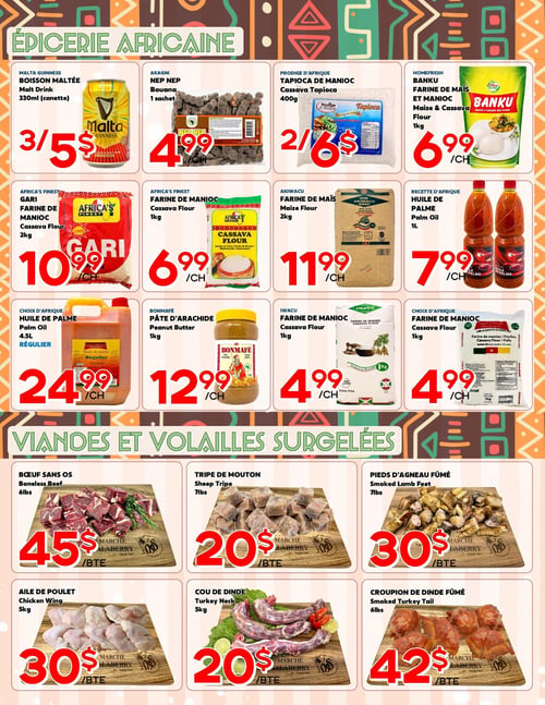 Circulaire Marché Salaberry - Page 3. La page est divisée en deux sections principales : "Épicerie Africaine" en haut et "Viandes et Volailles Surgelées" en bas. Dans la section Épicerie Africaine, on trouve : la boisson maltée Malta Guinness de 330 ml (canette) à 3 pour 5,00 $; le sachet de Bouana Akagni Nep Nep à 4,99 $; le tapioca de manioc Prodige d'Afrique de 400 g à 2 pour 6,00 $; la farine de maïs et manioc Banku Homefresh de 1 kg à 6,99 $ chacun; le Gari farine de manioc Africa's Finest de 2 kg à 10,99 $ chacun; la farine de manioc Africa's Finest de 1 kg à 6,99 $ chacun; la farine de maïs Akiwacu de 2 kg à 11,99 $ chacun; l'huile de palme Recette d'Afrique de 1 L à 7,99 $ chacun; l'huile de palme régulière Choix d'Afrique de 4,5 L à 24,99 $ chacun; la pâte d'arachide Bonmafé de 1 kg à 12,99 $ chacun; la farine de manioc Iwacu de 1 kg à 4,99 $ chacun; et la farine de manioc/foufou Choix d'Afrique de 1 kg à 4,99 $ chacun. La section Viandes et Volailles Surgelées propose : le bœuf sans os de 6 livres à 45,00 $ la boîte; la tripe de mouton de 7 livres à 20,00 $ la boîte; les pieds d'agneau fumés de 7 livres à 30,00 $ la boîte; les ailes de poulet de 5 kg à 30,00 $ la boîte; les cous de dinde de 5 kg à 20,00 $ la boîte; et les croupions de dinde fumés de 6 livres à 42,00 $ la boîte.