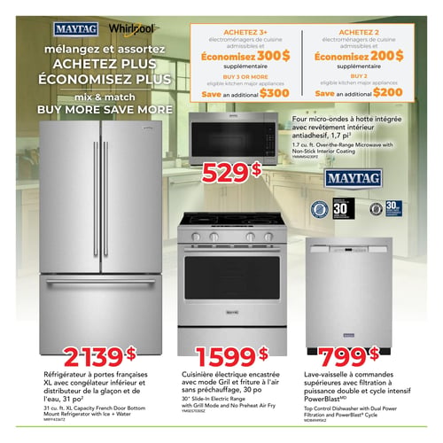 Circulaire Meubles Jacob - Page 2. La page met en vedette les marques Maytag et Whirlpool avec une promotion "mélangez et assortez" : économisez 300 $ supplémentaires à l'achat de 3 électroménagers de cuisine admissibles ou plus, et 200 $ supplémentaires à l'achat de 2 électroménagers de cuisine admissibles. Les produits présentés incluent : un réfrigérateur à portes françaises XL de 31 pieds cubes avec congélateur inférieur et distributeur de glaçons et d'eau, pour 2139 $. Un four micro-ondes à hotte intégrée de 1,7 pied cube avec revêtement intérieur antiadhésif, pour 529 $. Une cuisinière électrique encastrée de 30 pouces avec mode Gril et friture à l'air sans préchauffage, pour 1599 $. Et un lave-vaisselle à commandes supérieures avec filtration à puissance double et cycle intensif PowerBlast, pour 799 $.