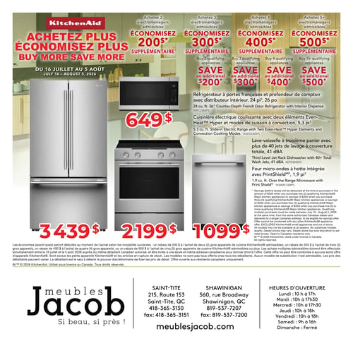 Circulaire Meubles Jacob - Page 4. La page met en vedette une promotion KitchenAid "Achetez plus, économisez plus" valide du 16 juillet au 5 août 2026. Les économies supplémentaires sont de 200 $ à l'achat de 2 électroménagers admissibles, 300 $ pour 3, 400 $ pour 4, et 500 $ pour 5 ou plus. Les produits KitchenAid présentés incluent un réfrigérateur à portes françaises de 24 pi³ et 36 pouces avec distributeur intérieur à 3439 $, une cuisinière électrique coulissante de 5,3 pi³ avec deux éléments Even-Heat et modes de cuisson à convection à 2199 $, un lave-vaisselle à troisième panier avec plus de 40 jets de lavage et 41 dBA à 1099 $, et un four micro-ondes à hotte intégrée PrintShield de 1,9 pi³ à 649 $. Des conditions s'appliquent pour les économies, notamment que les achats multiples doivent être effectués simultanément chez le même détaillant canadien autorisé. La page se termine avec les coordonnées de Meubles Jacob à Saint-Tite (215, Route 153, 418-365-3130) et Shawinigan (560, rue Broadway, 819-537-7207), ainsi que les heures d'ouverture : lundi 10 h à 17 h, mardi et mercredi 10 h à 17 h 30, jeudi et vendredi 10 h à 18 h, samedi 9 h à 16 h, et dimanche fermé. Le site web est meublesjacob.com.