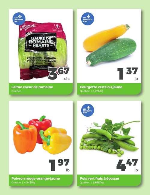 Circulaire Jardin Mobile - Page 2. La page présente quatre offres de produits frais, chacun avec le logo "Les produits d'ici" sauf les poivrons. En haut à gauche, un paquet de cœurs de romaine Végéos, produit du Canada et cultivé au Québec, est offert à 3,67 $ le paquet. À droite, des courgettes vertes ou jaunes du Québec sont à 1,37 $ la livre, soit 3,02 $ le kilogramme. En bas à gauche, des poivrons rouges, oranges ou jaunes de l'Ontario sont à 1,97 $ la livre, soit 4,34 $ le kilogramme. Enfin, en bas à droite, des pois verts frais à écosser du Québec sont disponibles à 4,47 $ la livre, soit 9,86 $ le kilogramme.