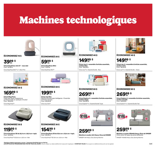 Circulaire Michaels - Page 2. La page est dédiée aux machines technologiques. En haut à gauche, la Cricut EasyPress mini LT rose clair est à 39,99 $, économisez 15 $. À côté, la Cricut EasyPress Mini est à 59,99 $, économisez 20 $. Ensuite, deux ensembles Cricut Joy 2 avec articles essentiels sont offerts à 149,99 $ chacun, économisez 40 $. Un ensemble est de couleur bleue, l'autre de couleur verte. Au centre de la page, la Cricut Mug Press est à 169,99 $, économisez 30 $, pour créer des tasses d'apparence professionnelle en quelques minutes. La Cricut Joy Xtra, une machine de découpe intelligente avec ensemble d'articles de base, est à 199,99 $, économisez 60 $. Deux ensembles Cricut Explore 5 avec articles essentiels sont à 269,99 $ chacun, économisez 80 $. Un est de couleur taupe, l'autre sarcelle. En bas à gauche, la Cricut EasyPress SE de 22,9 cm x 22,9 cm avec tapis est à 119,99 $, économisez 35 $. À côté, la Cricut EasyPress SE de 30,4 cm x 25,4 cm avec tapis est à 154,99 $, économisez 30 $. Enfin, deux machines à coudre SINGER Heavy-Duty sont présentées comme des bas prix de tous les jours à 259,99 $ chacune. La SINGER 4411 Heavy-Duty et la SINGER HD4452 Heavy-Duty, cette dernière offrant 110 types de points différents. Un avis en bas de page indique que les articles du programme Bas Prix de tous les jours ne sont pas éligibles aux coupons ou rabais additionnels.